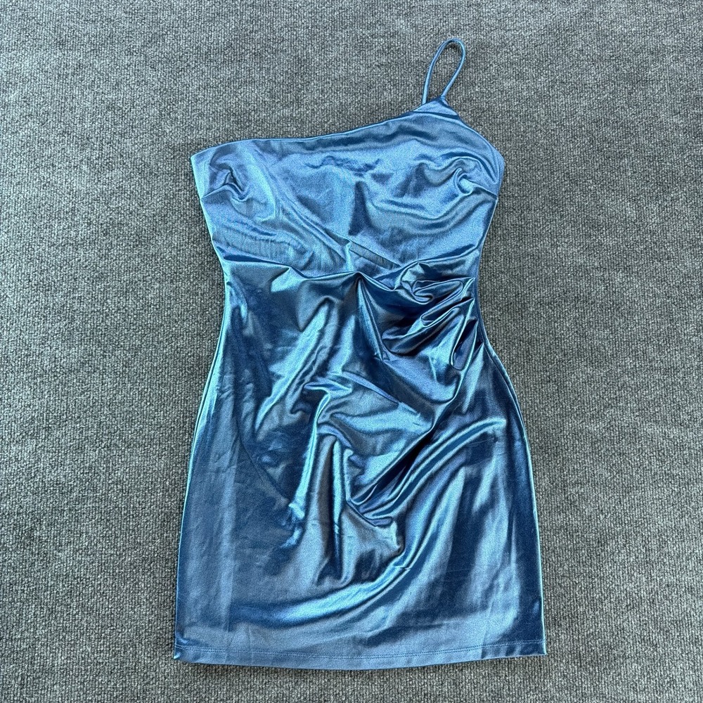 Windsor Blue Metallic 1 Shoulder Ruched Bodycon Mini‎ Dress Large Autumn Wedding